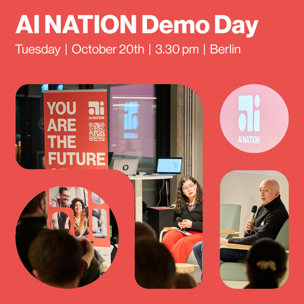 AI NATION Demo Day promotional poster for Berlin event.