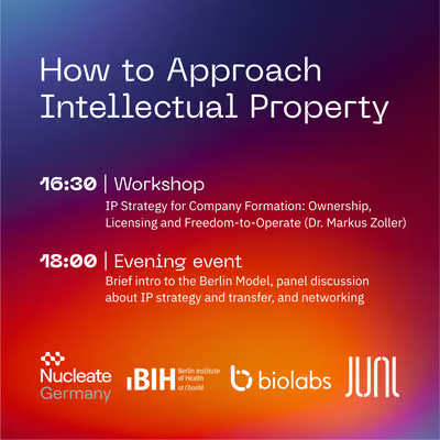 Flyer for an Intellectual Property workshop and evening event.