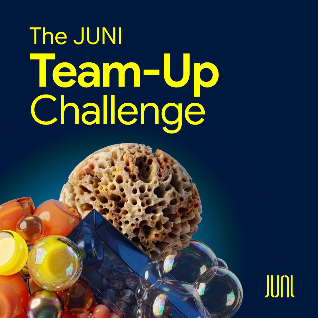 The JUNI Team-Up Challenge poster with sponge and glass spheres.